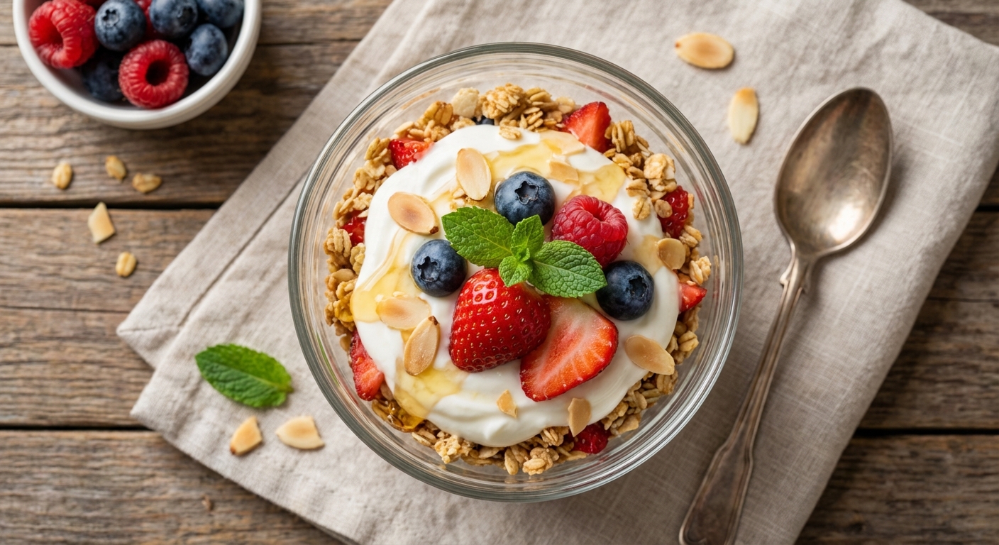 Greek Yogurt Parfait with Low-Sugar Granola, Fresh Berries & Toasted Almonds