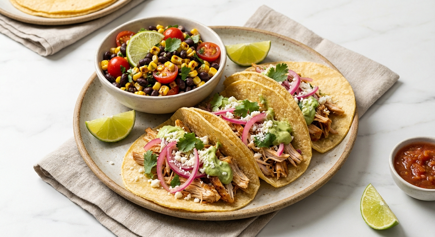 Shredded Rotisserie Chicken Tacos with Black Bean & Corn Salad