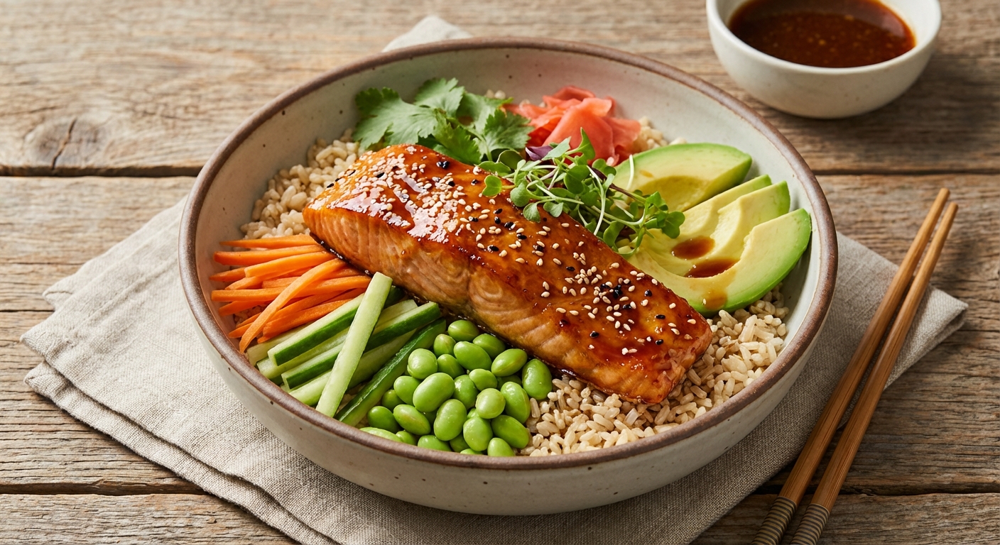 Asian Sesame-Ginger Salmon Bowl with Brown Rice & Edamame