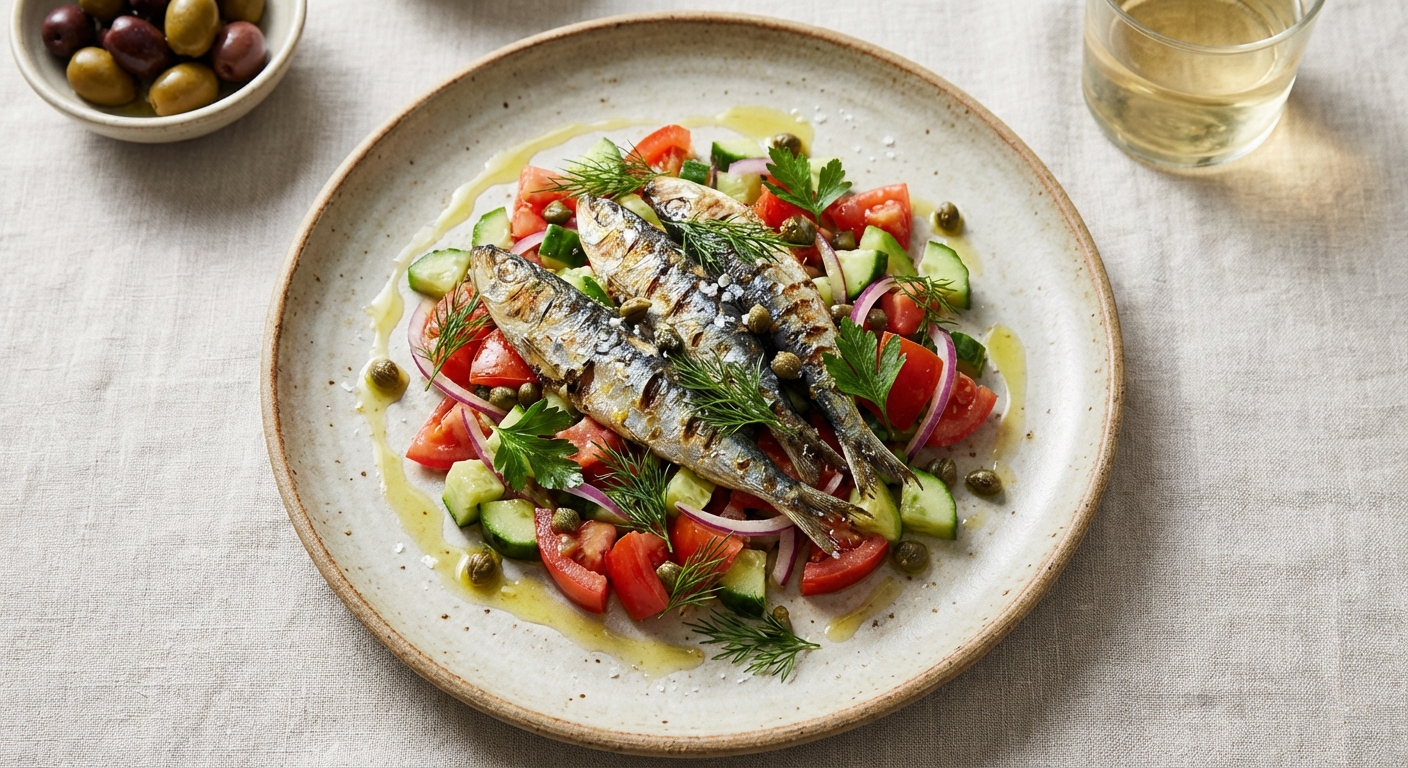 Sardines on Tomato & Cucumber Salad