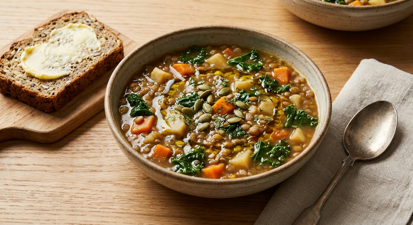 Hearty Lentil & Vegetable Soup with GF Seed Bread
