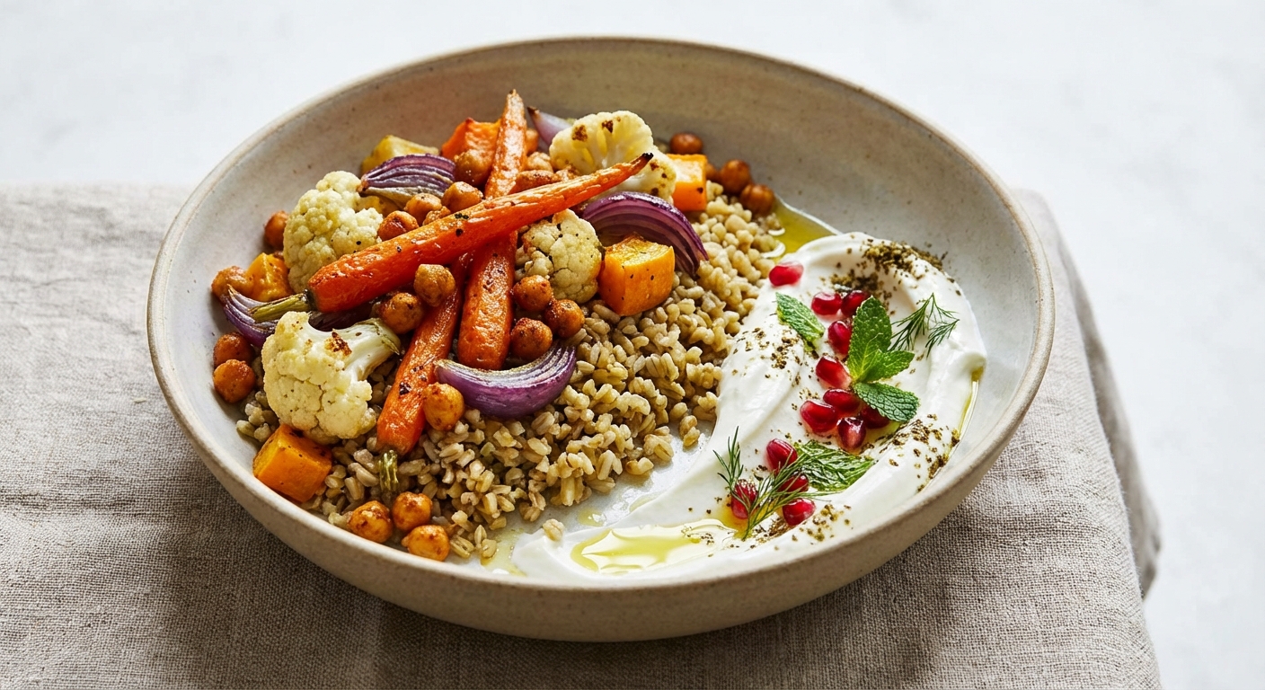 Roasted Vegetable & Chickpea Freekeh Bowl with Labneh