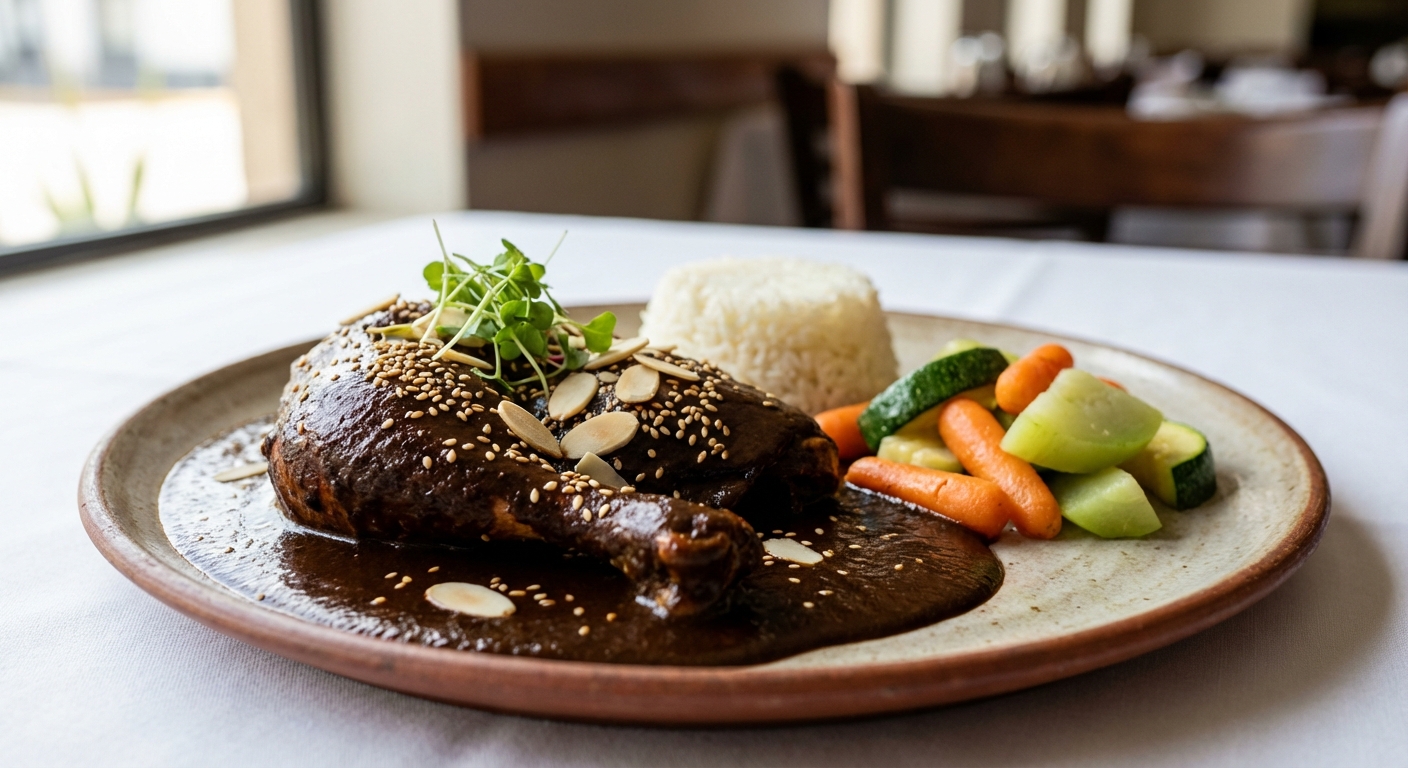 Pollo en Mole Poblano with Rice and Steamed Vegetables