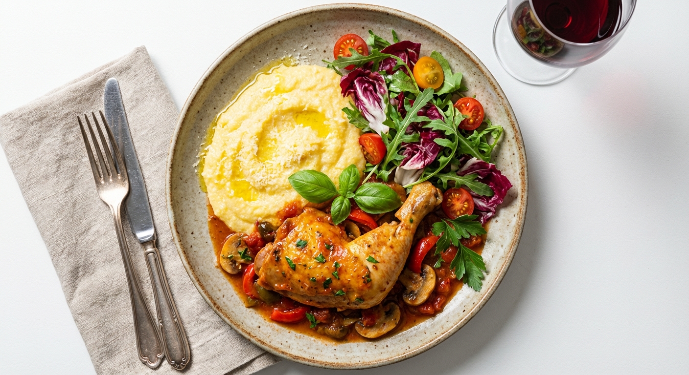 Italian Chicken Cacciatore with Creamy Polenta and Mixed Salad