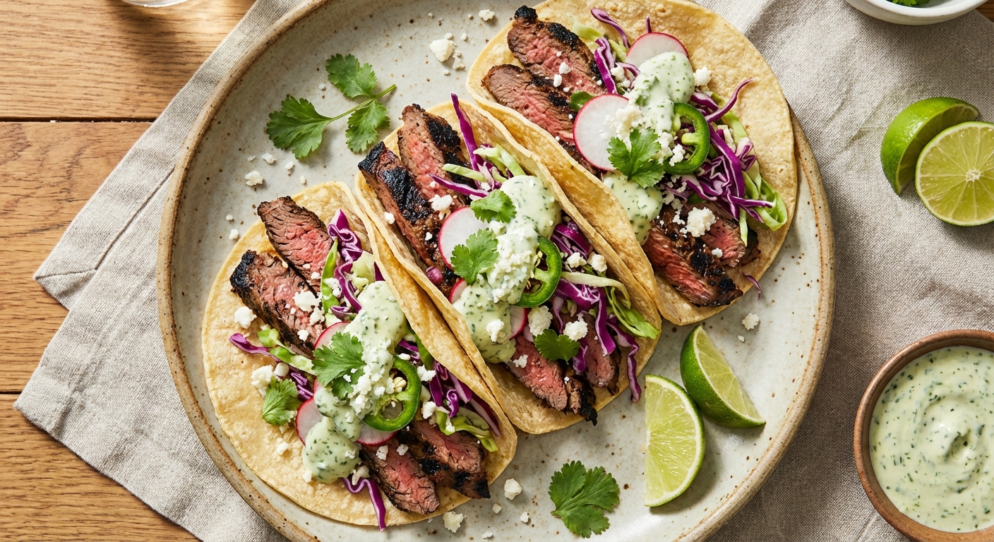 Grilled Steak Tacos with Cabbage Slaw & Cilantro-Lime Crema