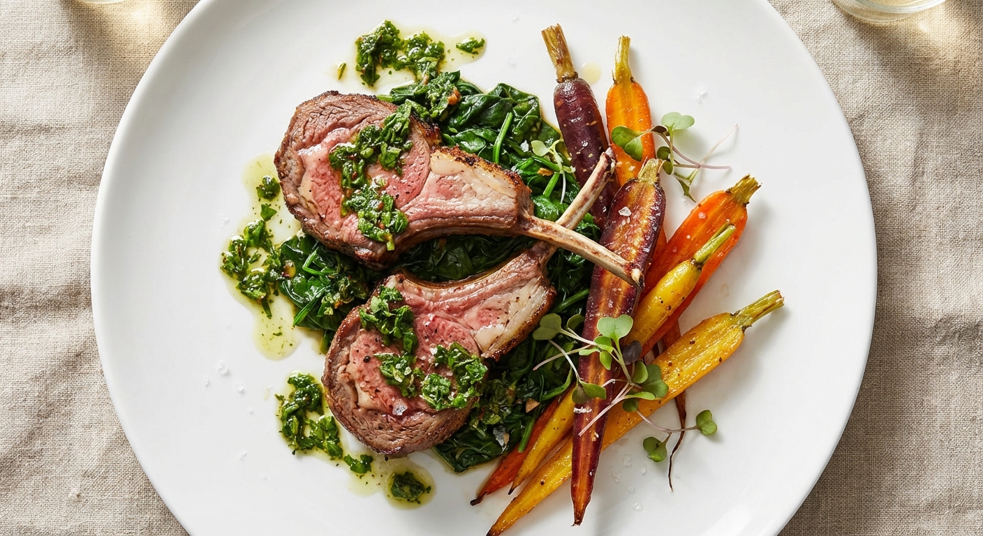 Pan-Seared Lamb Chops with Herb Chimichurri, Roasted Carrots & Sautéed Spinach