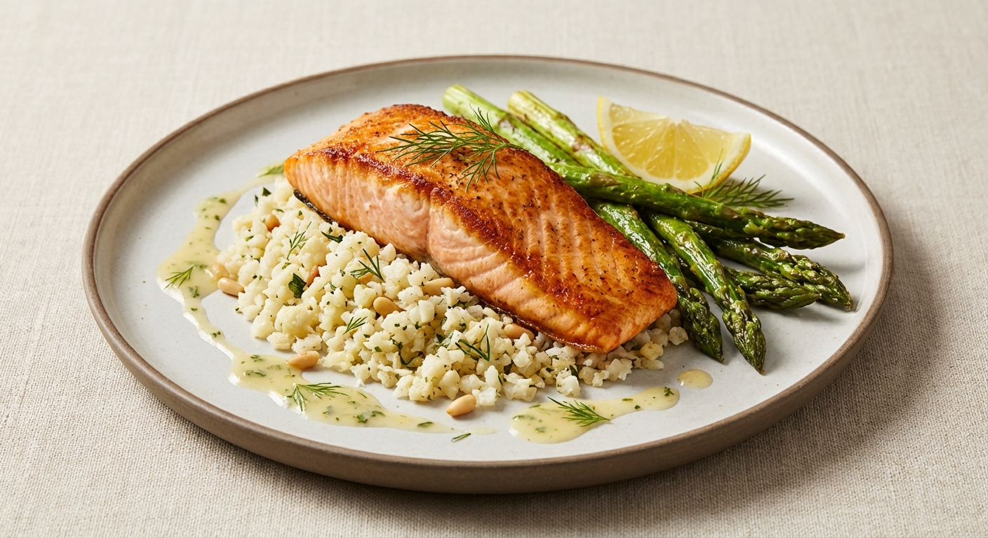 Pan-Seared Salmon with Cauliflower Rice Pilaf & Roasted Asparagus