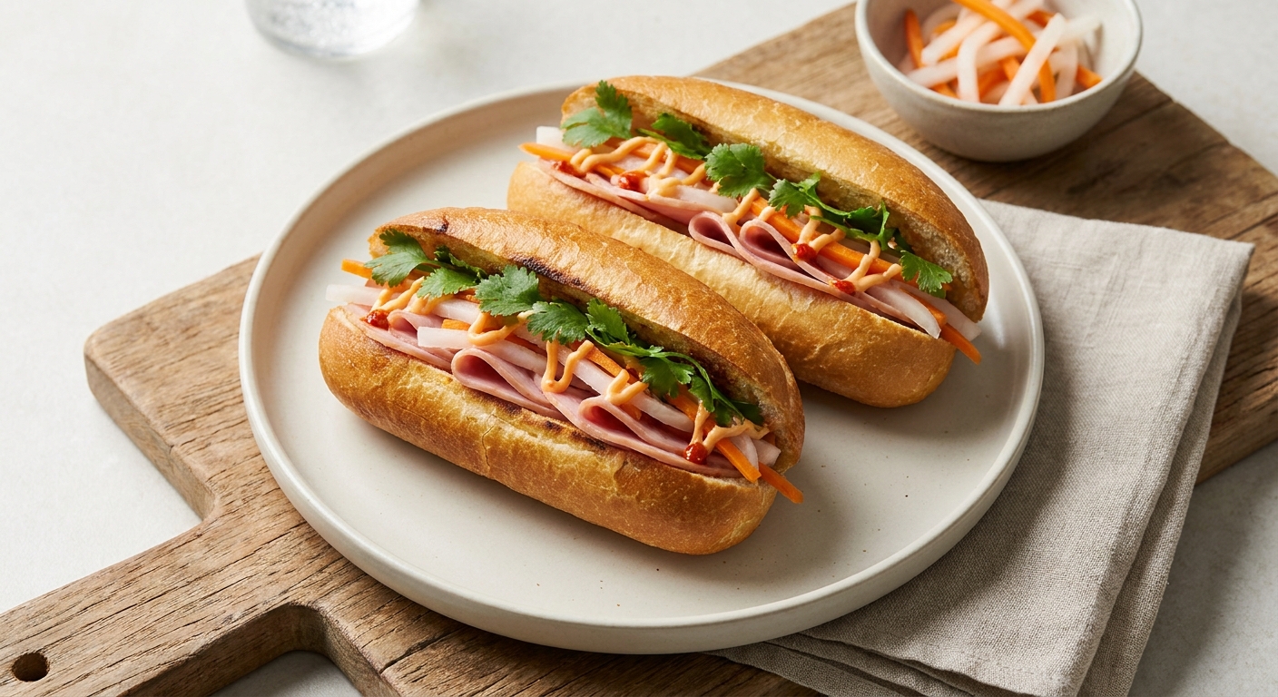 Toasted Ham Bánh Mì Rolls with Pickled Daikon, Quick-Pickled Carrot & Chili Mayo