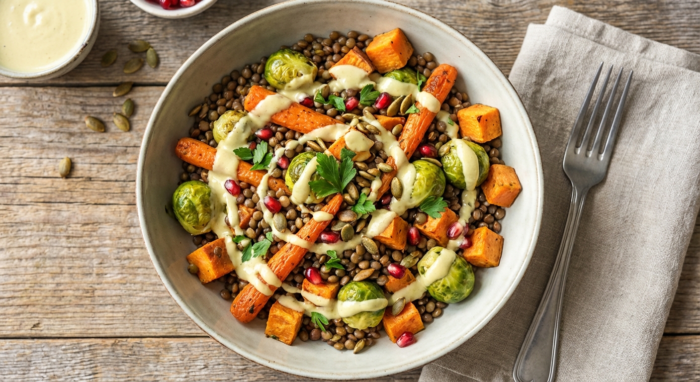 Warm Lentil & Roasted Vegetable Bowl with Lemon-Tahini Dressing
