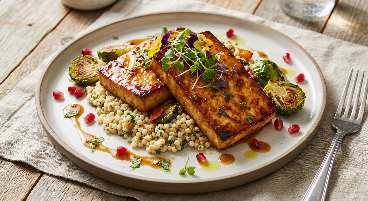Citrus‑Miso Glazed Tofu Steaks with Warm Israeli Couscous, Charred Brussels & Pomegranate