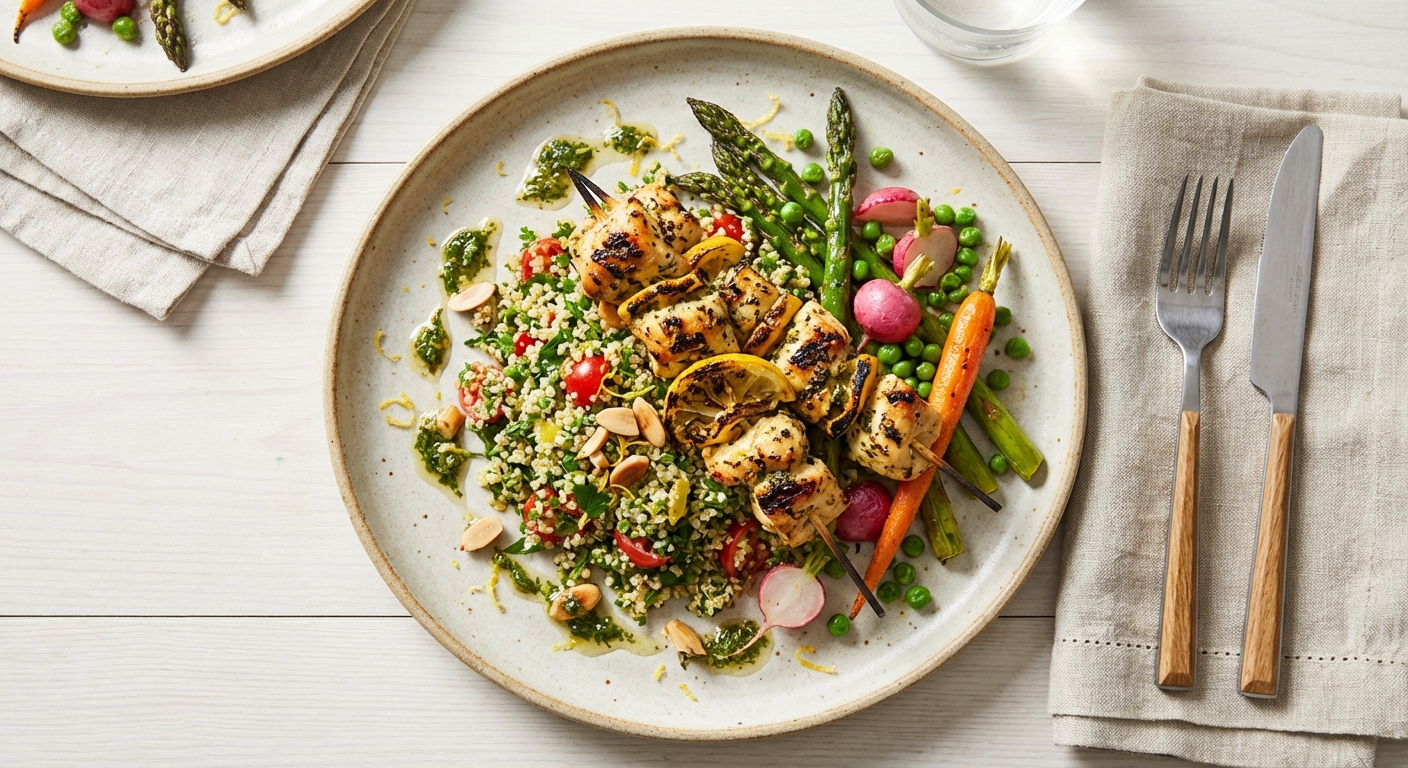 Oven-Baked Lemon‑Herb Chicken Skewers with Warm Quinoa Tabbouleh & Roasted Spring Vegetables