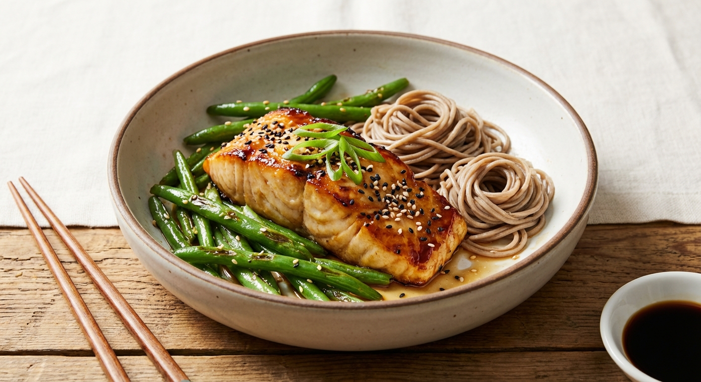 Miso-Glazed Cod with Sesame Green Beans over Soba Noodles
