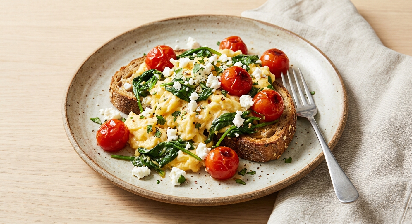 Scrambled Eggs with Spinach & Tomato on Whole-Grain Toast