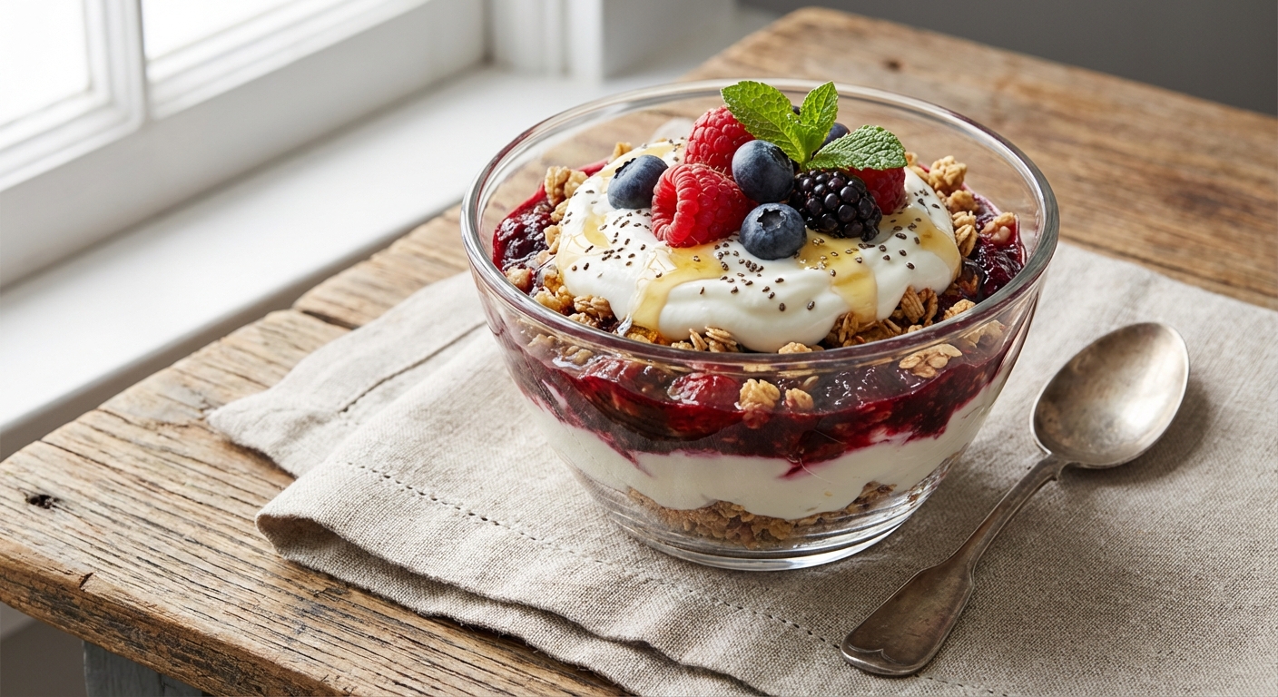 Greek Yogurt Berry Parfait with Granola & Chia