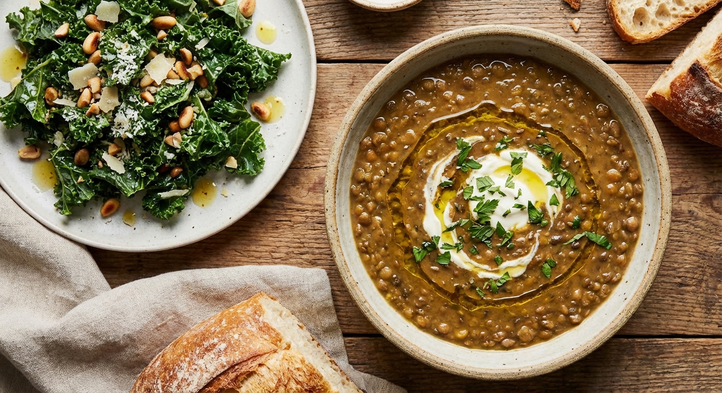 Hearty Lentil Soup with Kale Side Salad