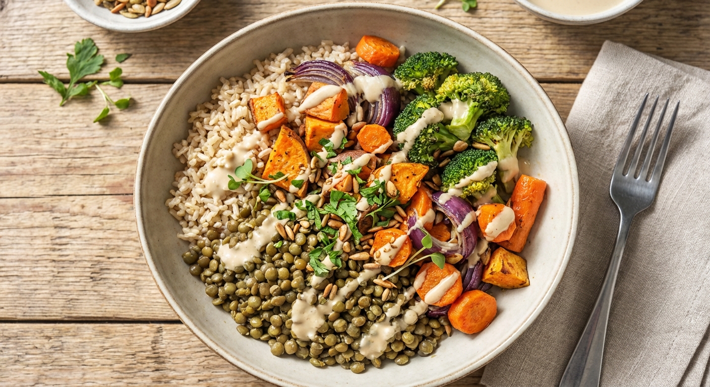 Lentil & Roasted Vegetable Bowl with Brown Rice & Tahini