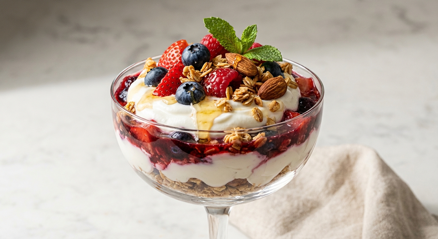 Greek Yogurt Berry Parfait with Granola & Almonds
