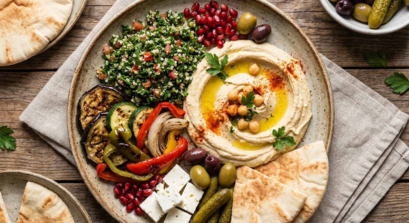 Mediterranean Mezze Plate: Hummus, Tabbouleh & Grilled Veggies