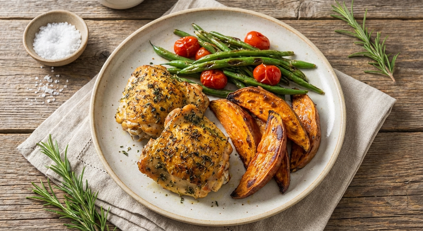 Oven-Baked Chicken Thighs with Roasted Sweet Potatoes and Green Beans