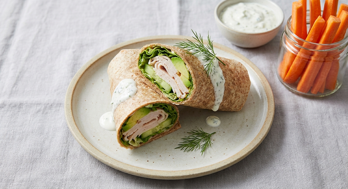 Turkey & Avocado Whole-Wheat Wrap with Tzatziki and Carrot Sticks