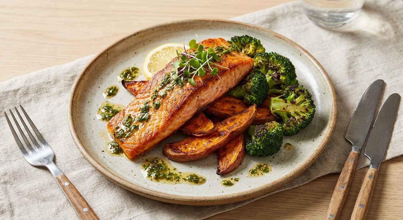 Pan-Seared Salmon with Roasted Broccoli & Sweet Potato