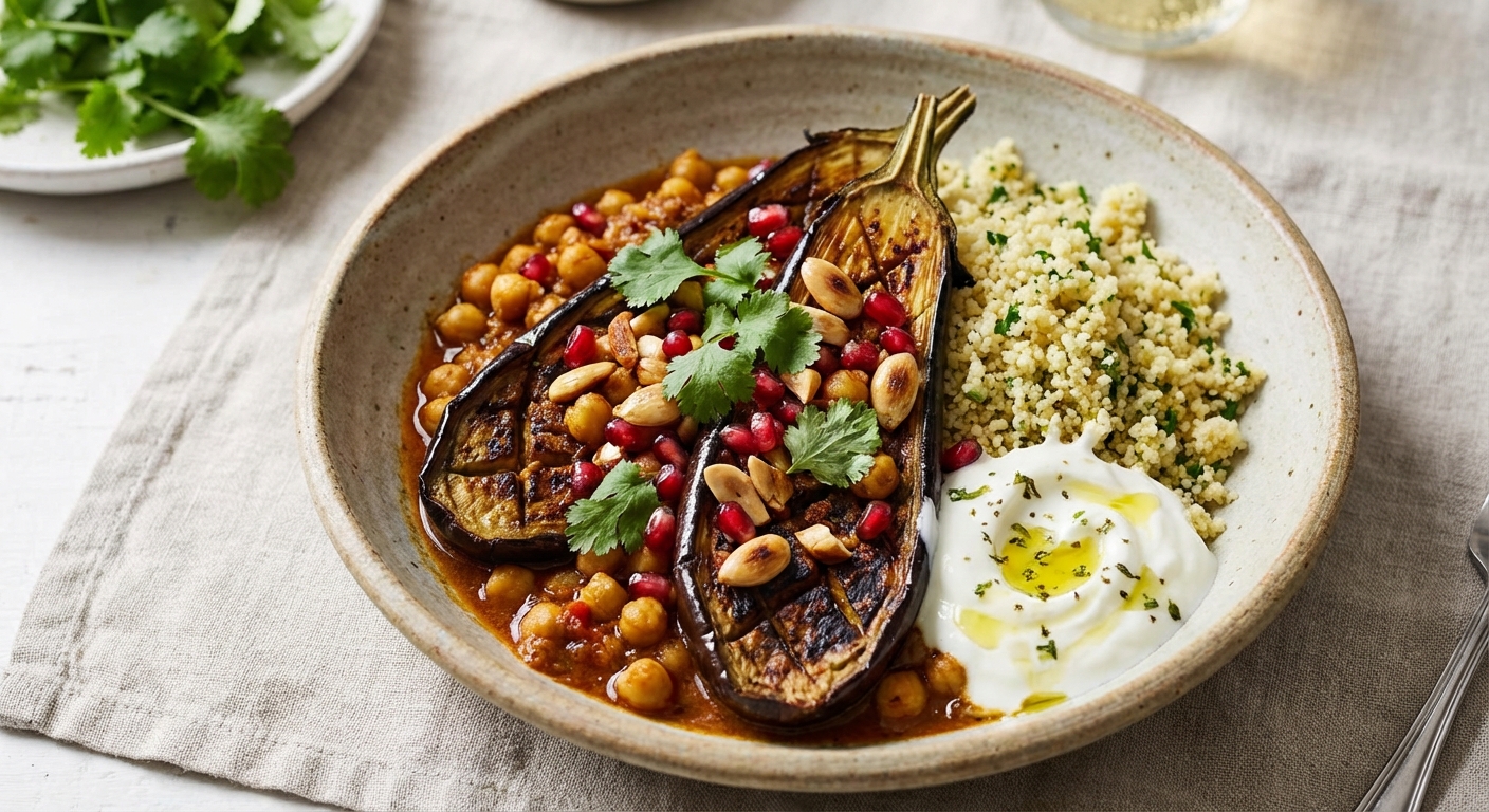 Roasted Eggplant & Chickpea Tagine with Herbed Couscous and Yogurt