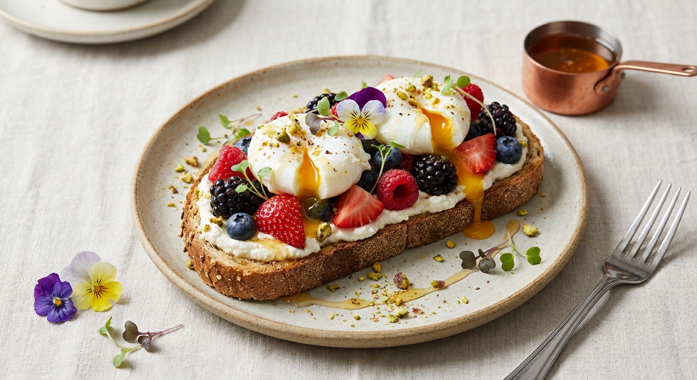 Whole-Grain Ricotta Toast with Poached Eggs & Mixed Berries