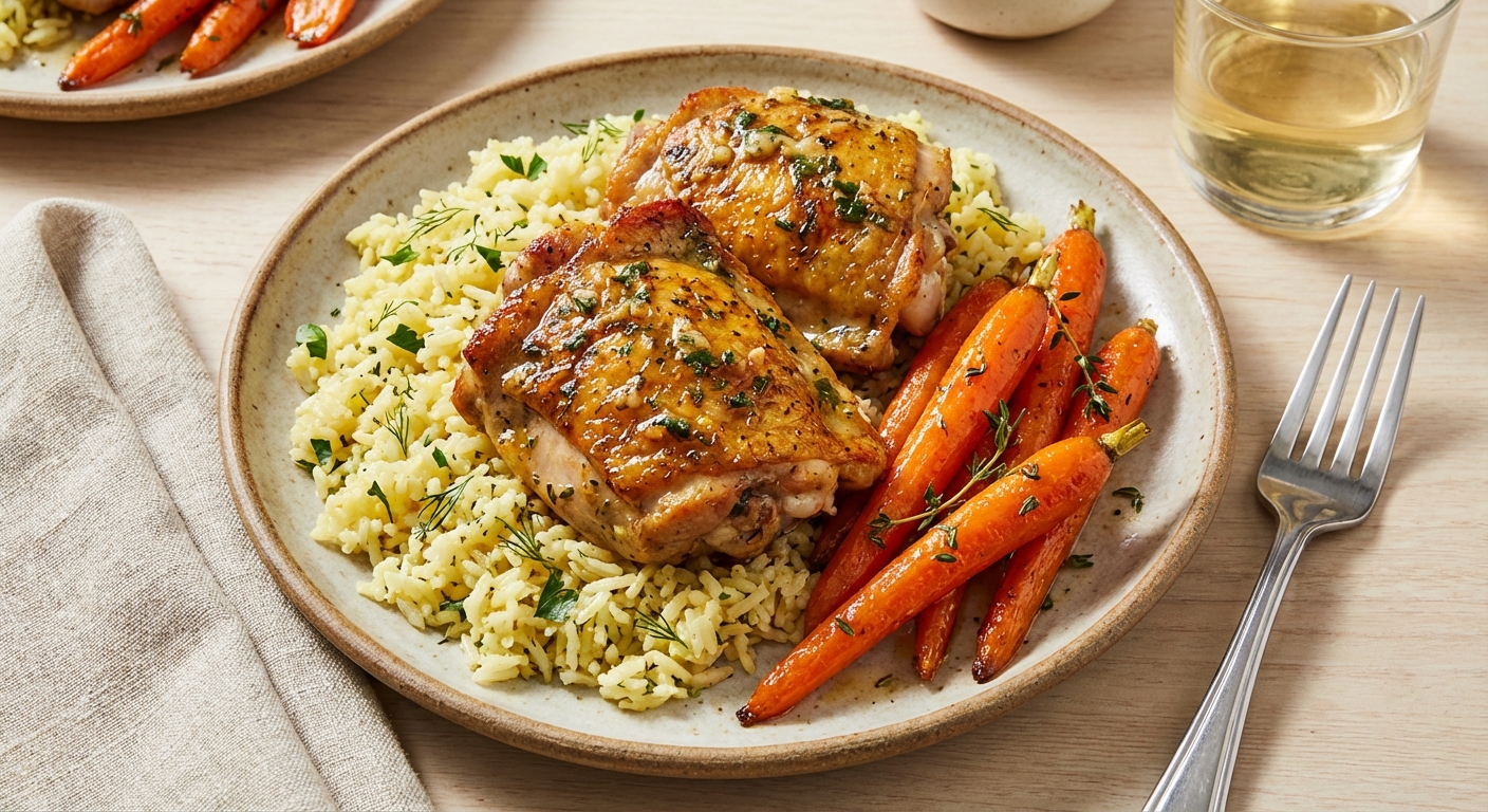 Pan-Seared Garlic-Butter Chicken Thighs with Herbed Lemon Rice and Honey-Roasted Carrots
