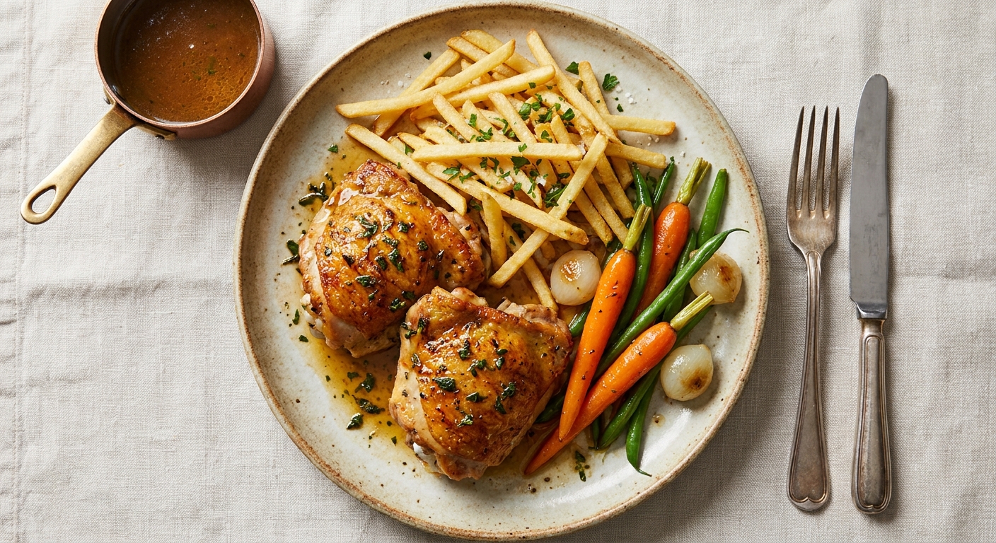 French‑Bistro Roast Chicken Thighs with Crispy Herb Fries and Sautéed Vegetables