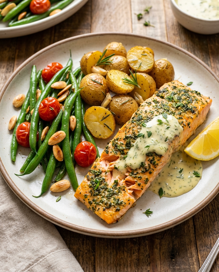 Baked Salmon with Garlic-Rosemary Potatoes & Sautéed Green Beans