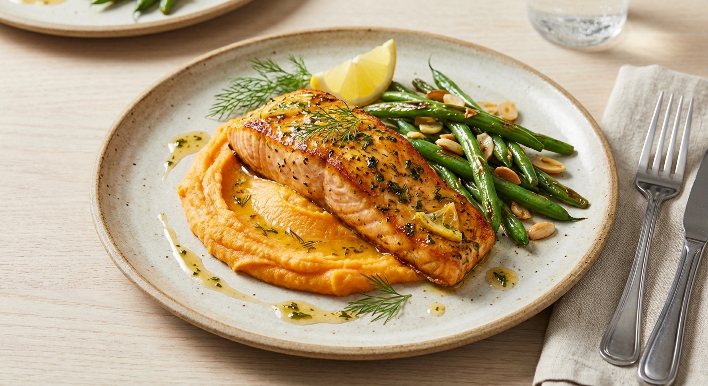 Baked Salmon with Mashed Sweet Potato & Sautéed Green Beans
