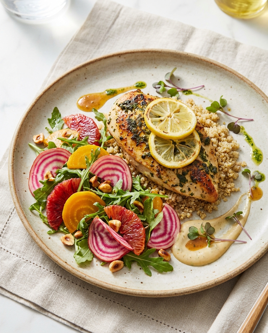 Lemon-Herb Pan-Grilled Chicken with Warm Quinoa, Shaved Beet & Orange Arugula Salad