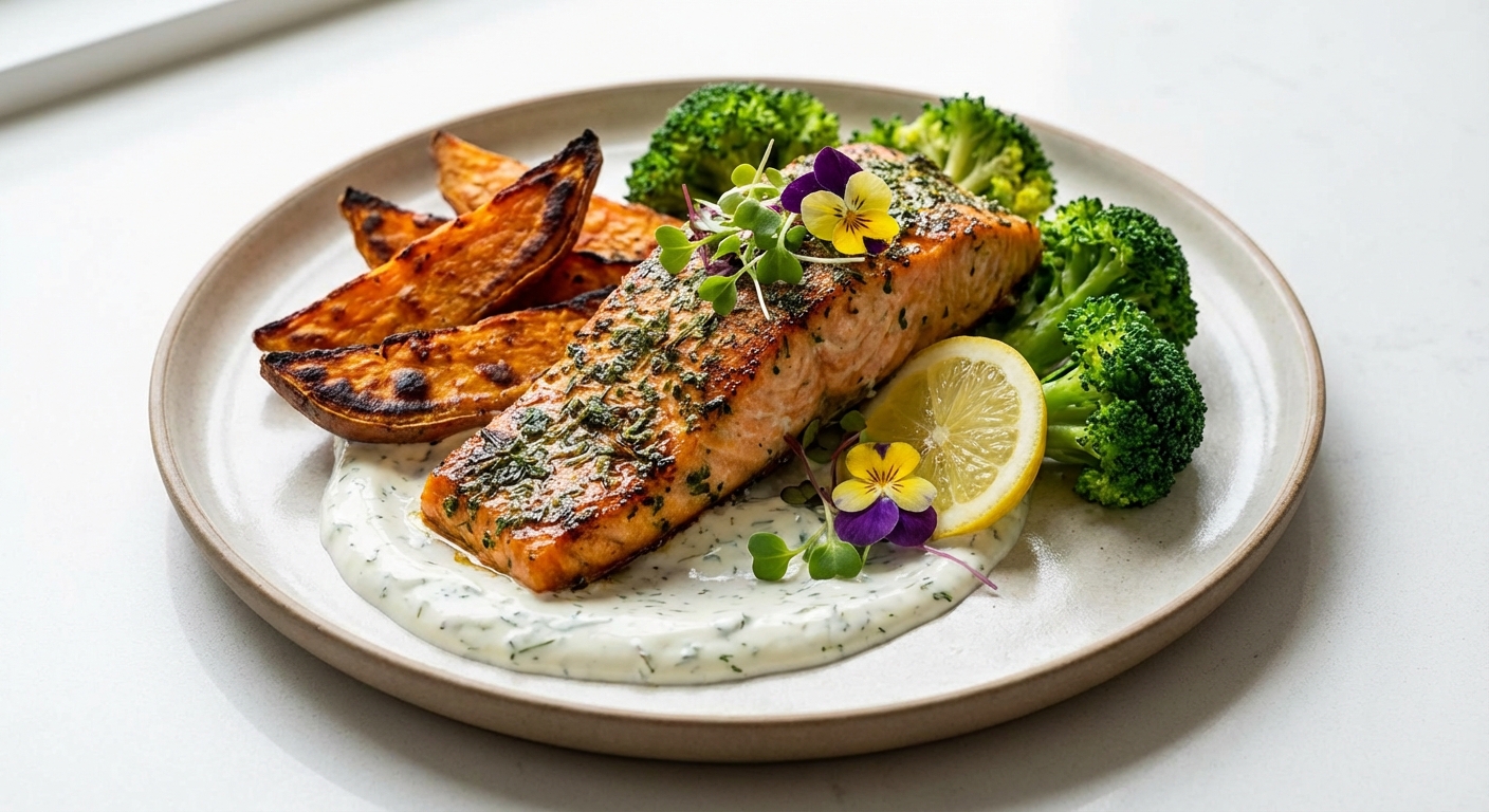 Oven-Baked Salmon with Roasted Sweet Potato & Steamed Broccoli