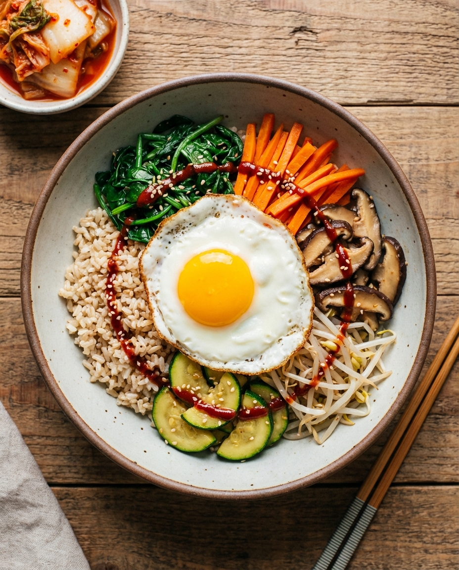 Vegetarian Bibimbap with Brown Rice, Sautéed Vegetables & Fried Egg