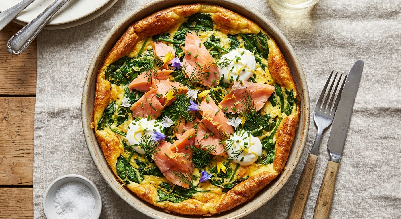 Smoked Salmon & Spring Herb Baked Frittata with Wilted Baby Spinach