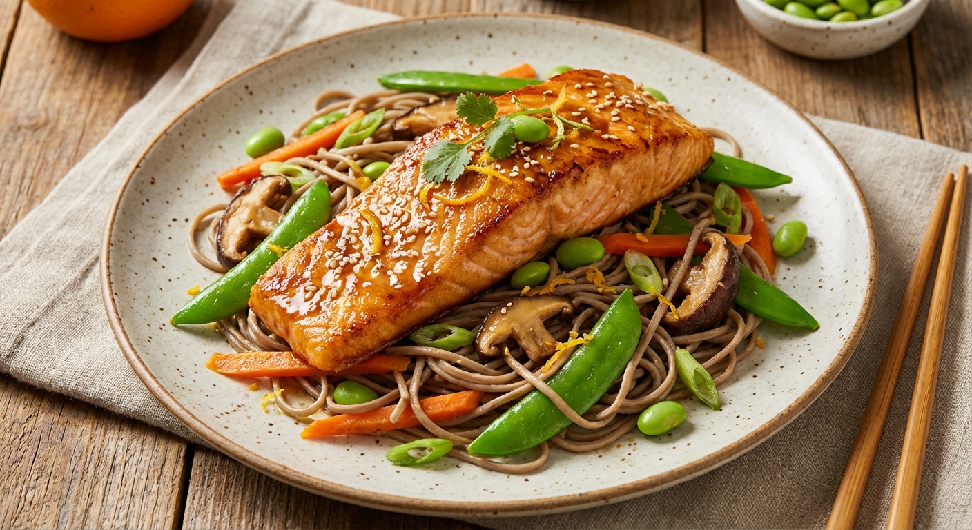 Citrus-Miso Pan-Seared Salmon with Buckwheat Soba and Sugar Snap Pea Stir
