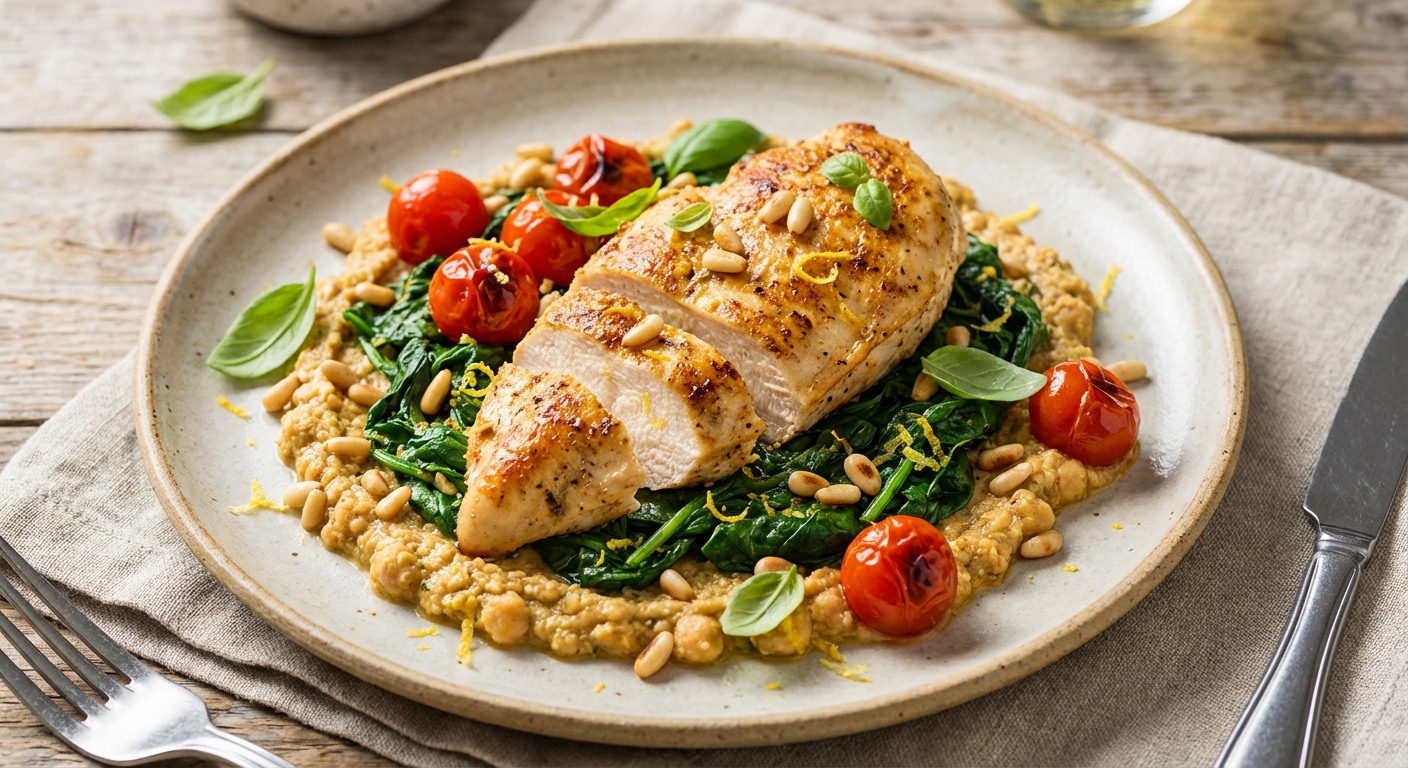 Lemon-Garlic Seared Chicken with Chickpea-Pesto & Wilted Spinach (Quick High-Protein Dinner)
