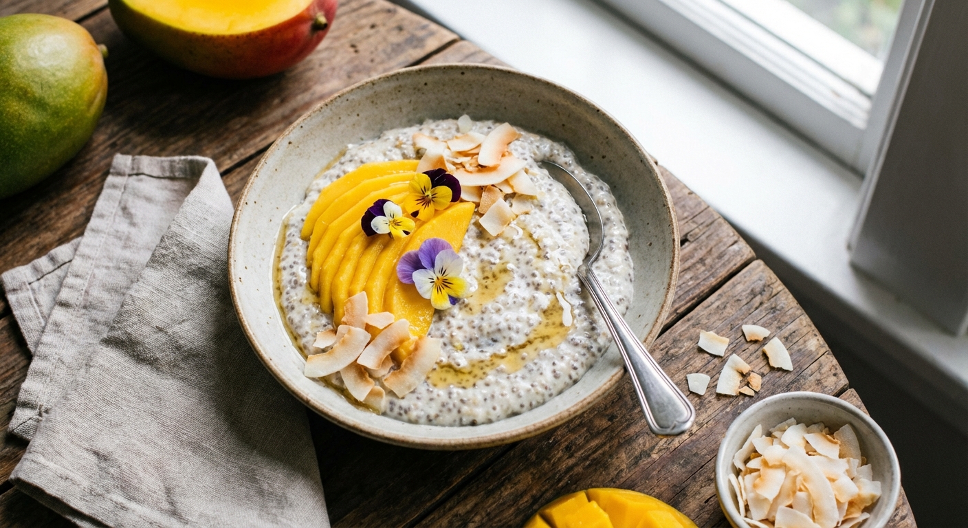 Coconut Chia Porridge with Fresh Mango & Toasted Coconut