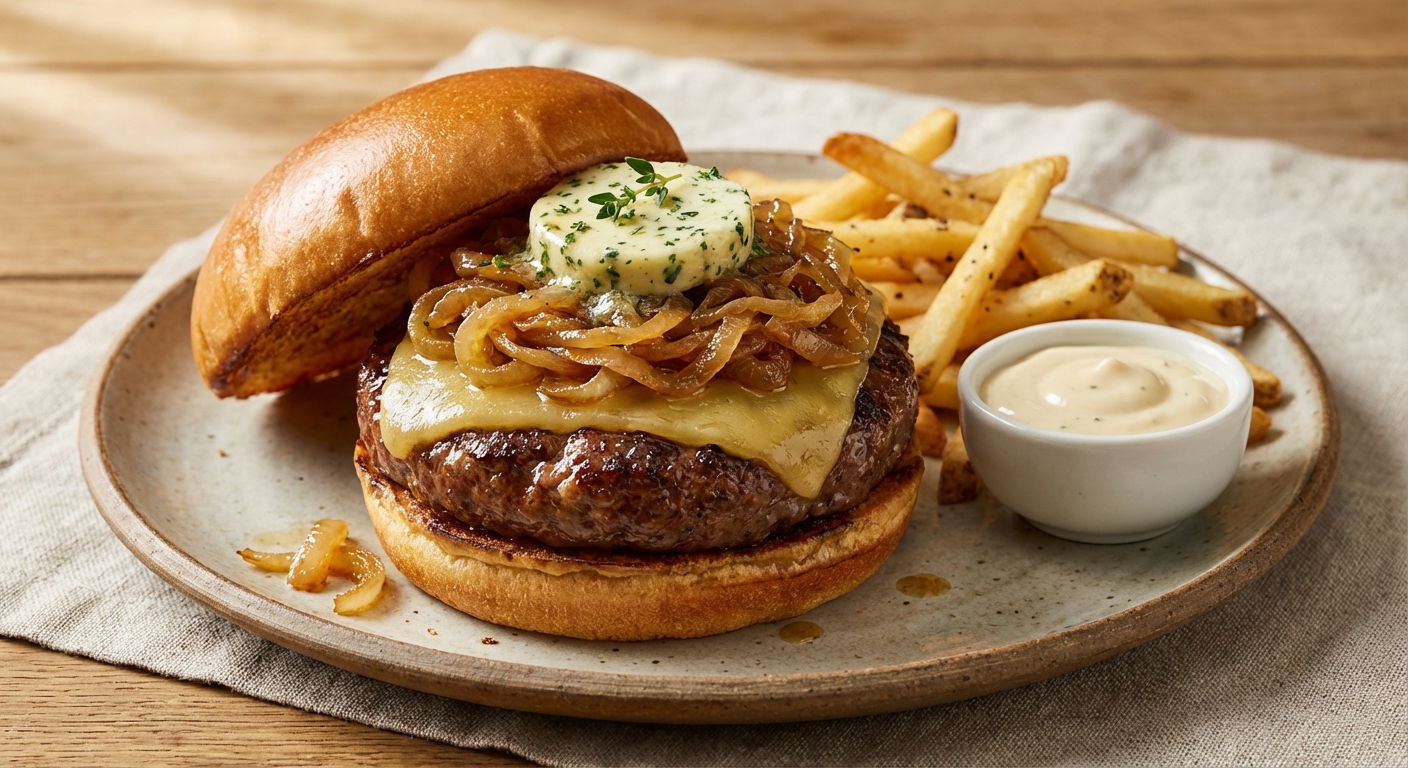 Pan-Seared Juicy Burger with Caramelized Onion & Garlic-Herb Buttered Brioche