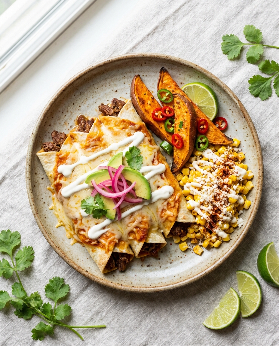 Beef Enchiladas with Roasted Sweet Potatoes and Mexican-Style Corn