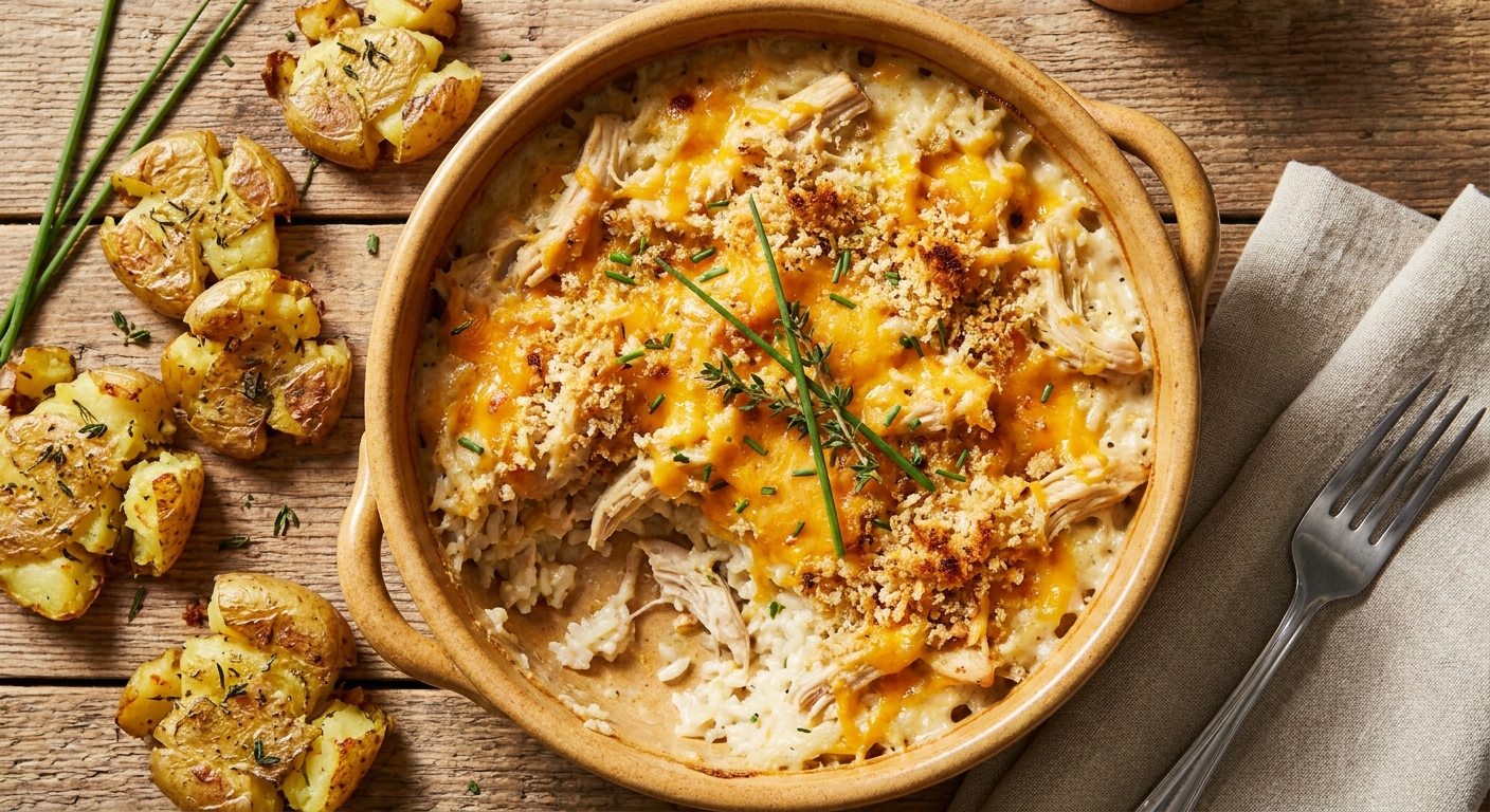 Creamy Cheddar Chicken Baked Rice with Crispy Smashed Potatoes
