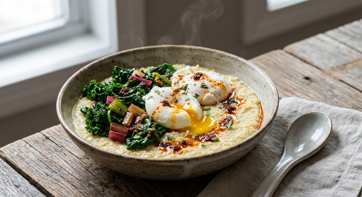 Savory Millet Porridge with Sautéed Greens & Poached Eggs
