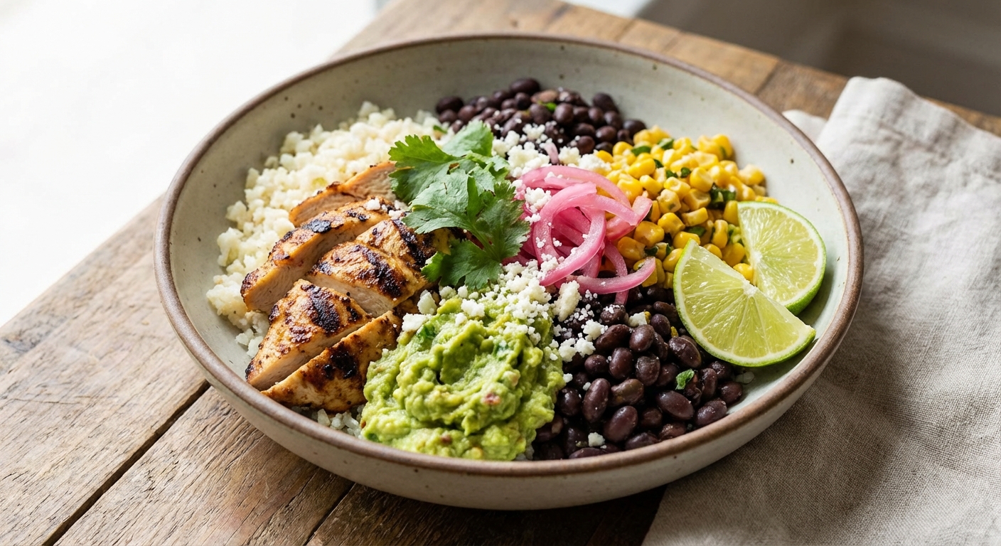 Chicken Taco Bowl with Cauliflower Rice & Guacamole