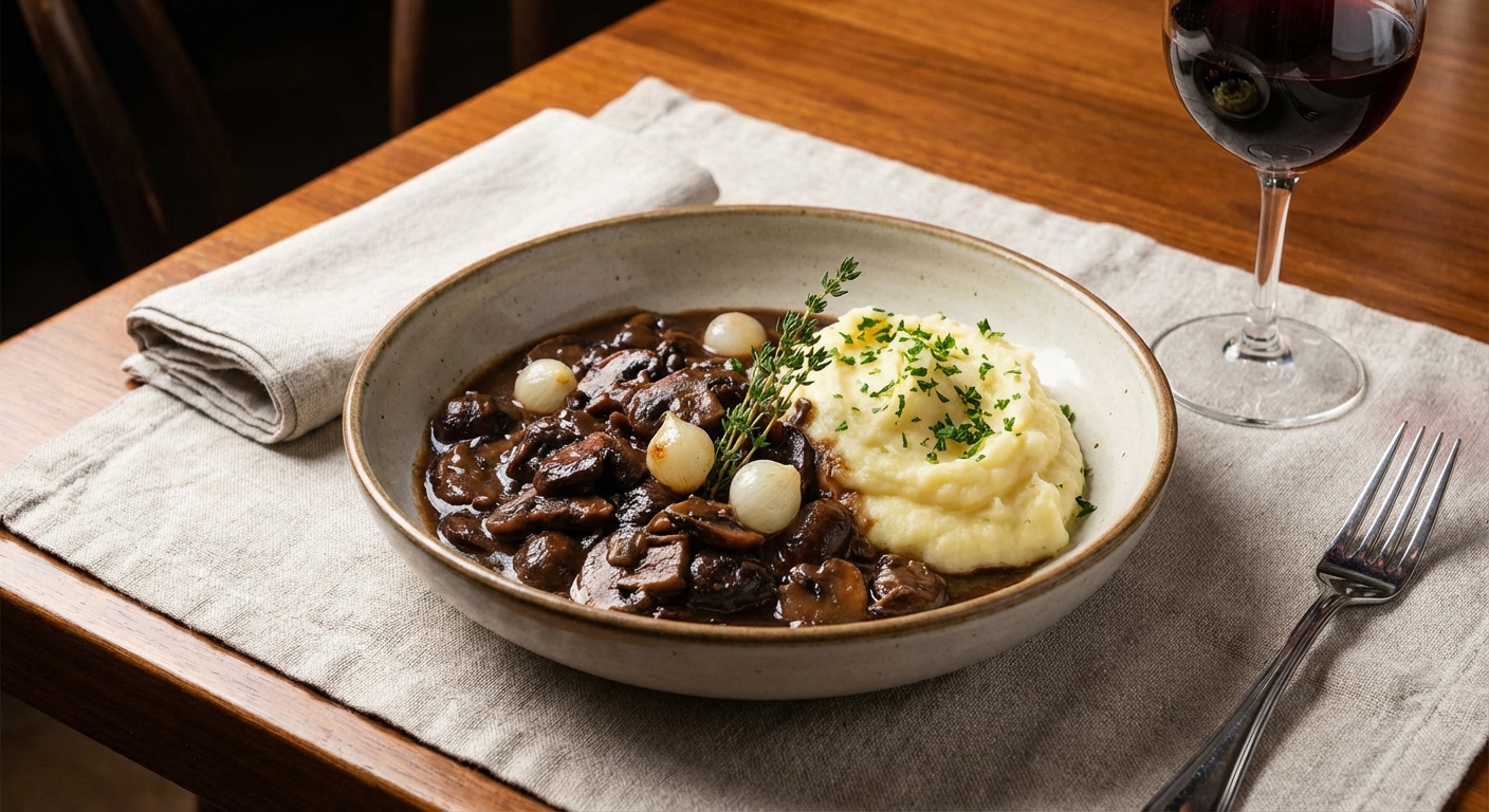 Vegan Mushroom Bourguignon with Mashed Potatoes