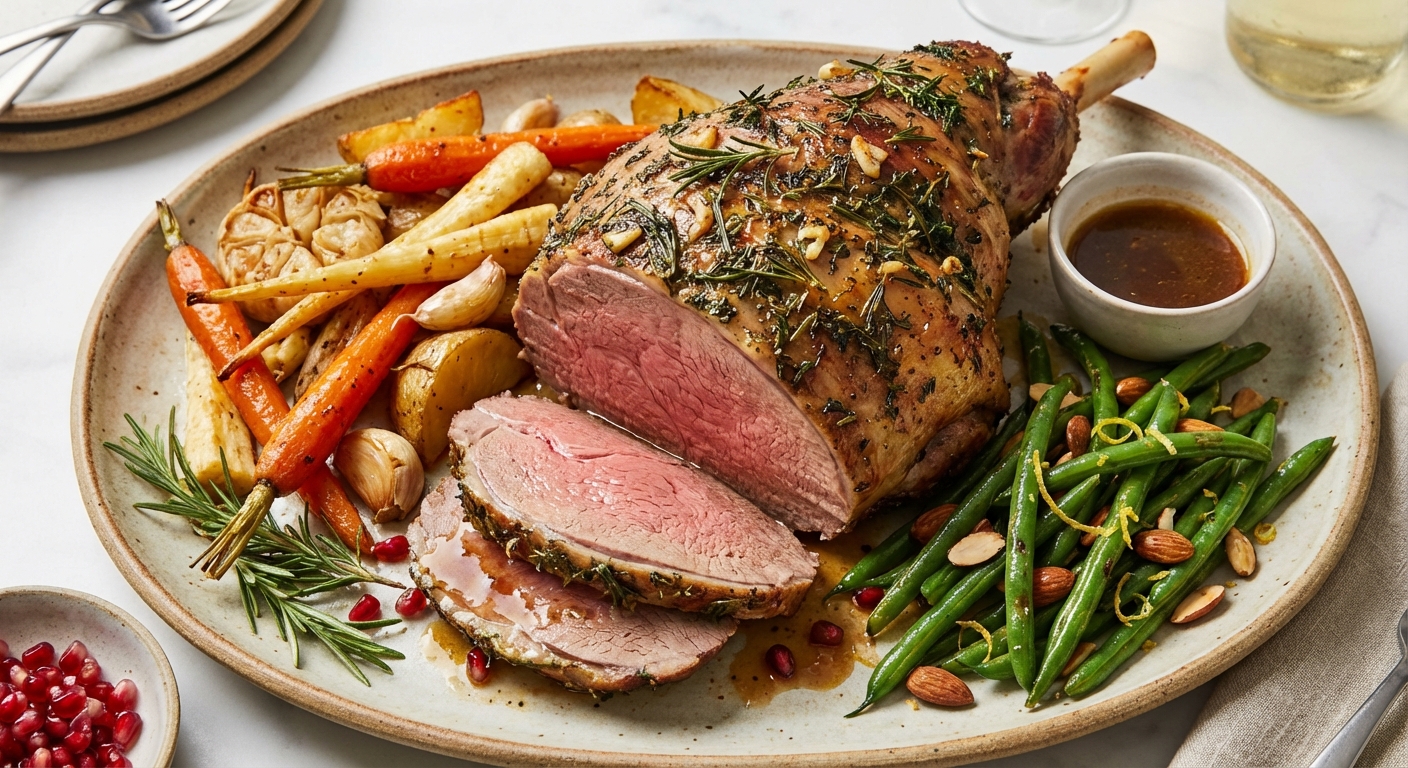 Herb-Roasted Leg of Lamb with Garlic Roasted Roots & Green Beans
