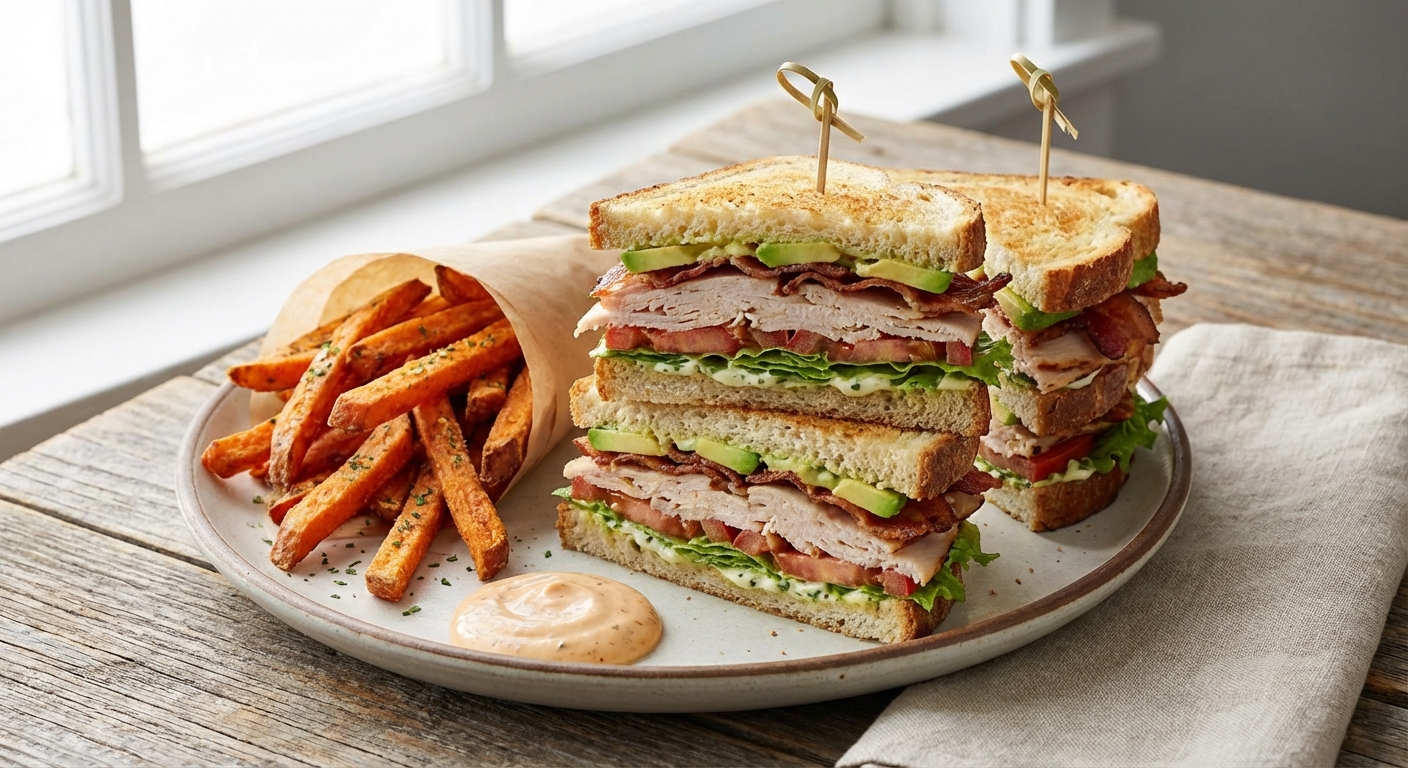 Turkey & Avocado Club with Sweet Potato Fries