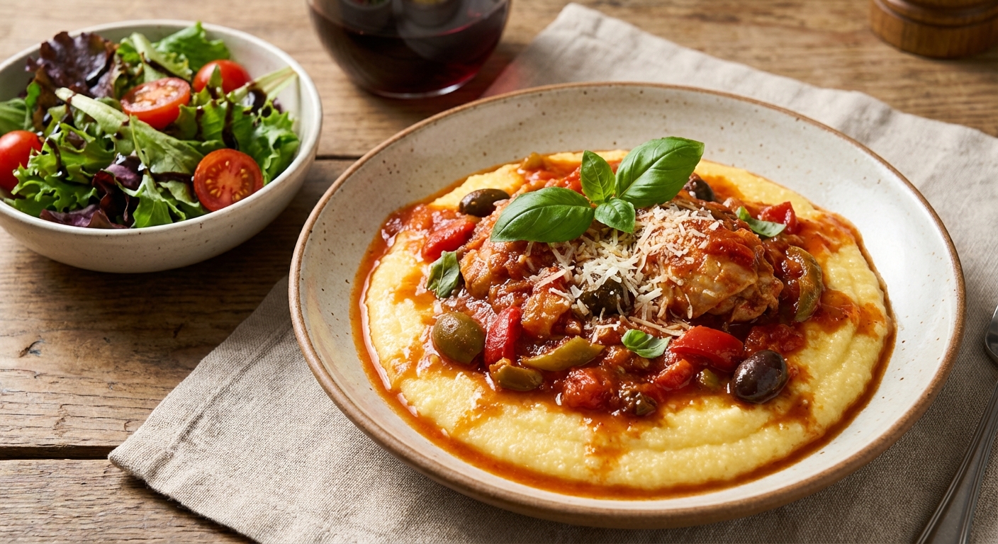 Italian Chicken Cacciatore with Creamy Polenta and Mixed Salad