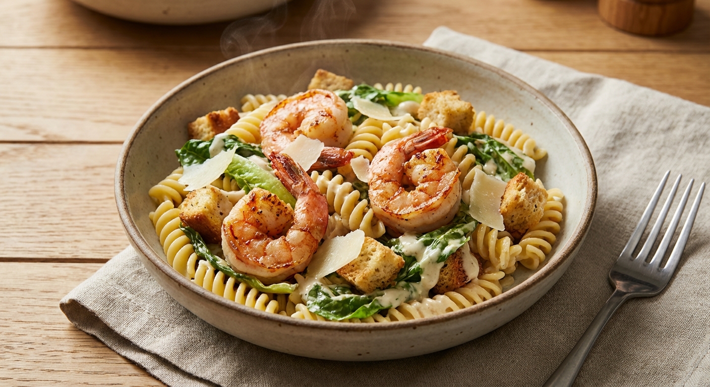 Warm Shrimp Caesar Pasta Salad
