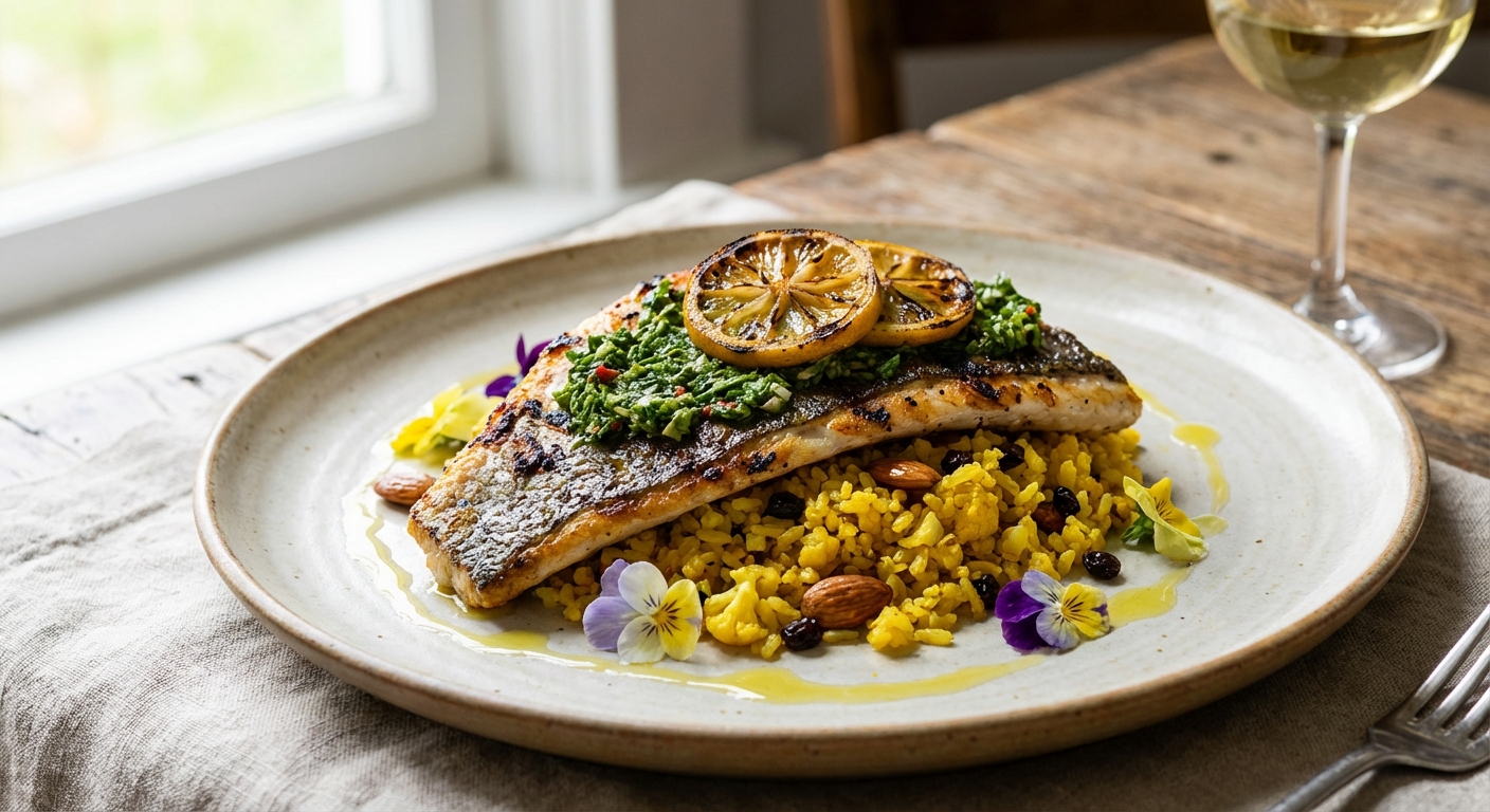Charred Citrus-Grilled Sea Bass with Spring Herb Salsa Verde & Saffron Cauliflower Rice
