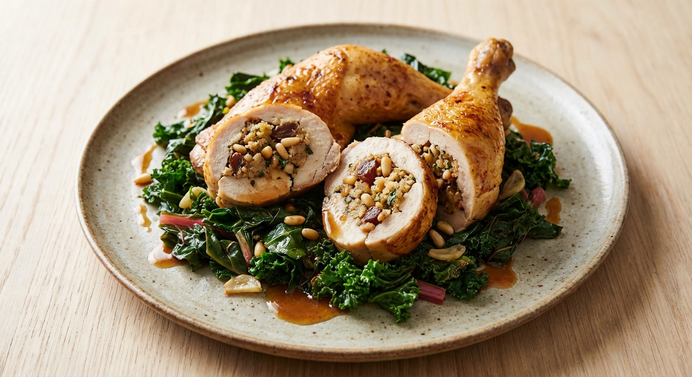 Stuffed Roasted Chicken Legs with Pine Nuts & Dates, Sautéed Greens